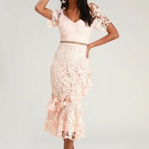 Lulu's Briarwood Blush Pink Ruffled Midi Dress. This dress is a peach color.